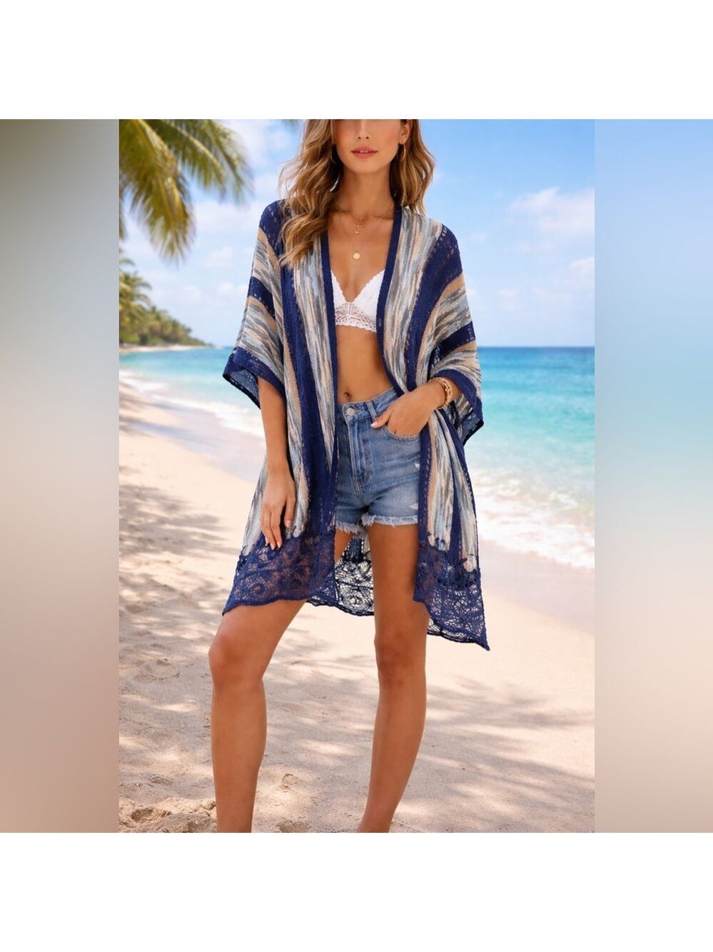 Chico’s Open Front Crochet Trim Blue Stripe Knit Bohemian Kimono Duster size XL